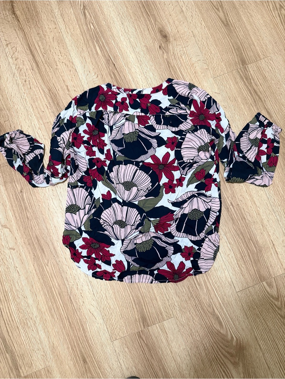 LOFT Navy, Pink & Burgundy Floral V-Neck Pullover Blouse - Picture 2 of 5